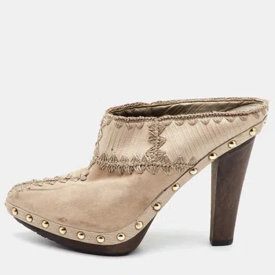 Pre-owned Sergio Rossi Size 34.5 Beige Suede Stitch Detail Platform Mules