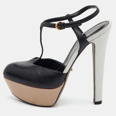 Pre-owned Sergio Rossi Size 34.5 Black Leather T-strap Platform Sandals