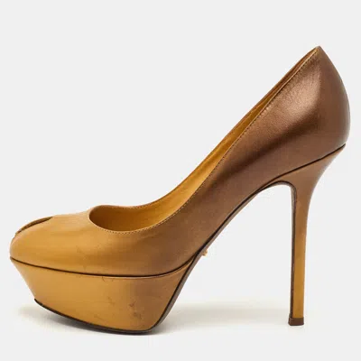 Pre-owned Sergio Rossi Size 35 Gold/brown Leather Peep Toe Platform Pumps
