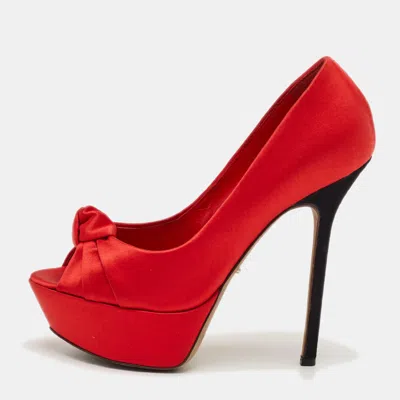 Pre-owned Sergio Rossi Size 35.5 Red Satin Knot Peep Toe Platform Pumps