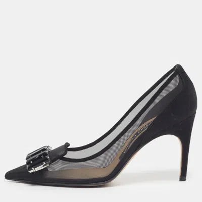 Pre-owned Sergio Rossi Size 36.5 Black Mesh And Suede Crystal Embellished Pointed Toe Pumps