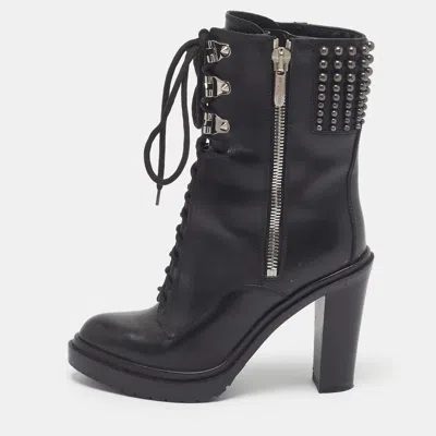 Pre-owned Sergio Rossi Size 37 Black Leather Metal Stones Ankle Length Boots