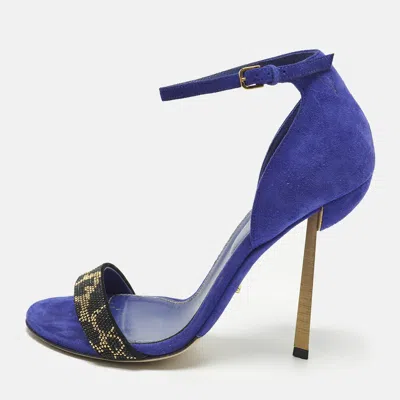 Pre-owned Sergio Rossi Size 37 Blue Suede Embellished Ankle Strap Sandals