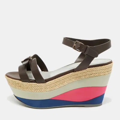 Pre-owned Sergio Rossi Size 37 Brown Leather Wedge Sandals