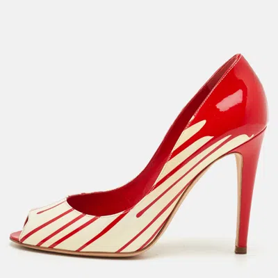 Pre-owned Sergio Rossi Size 37 Red/off White Drip Paint Patent Leather Peep Toe Pumps