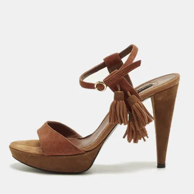 Pre-owned Sergio Rossi Size 37.5 Beige Suede Platform Ankle Strap Sandals