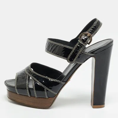 Pre-owned Sergio Rossi Size 37.5 Black Patent Leather Platform Ankle Strap Sandals
