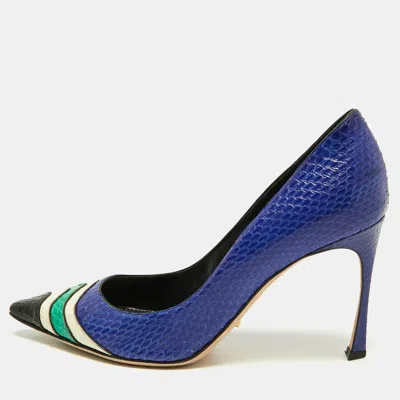 Pre-owned Sergio Rossi Size 37.5 Blue/white Snakeskin Leather Pointed Toe Pumps
