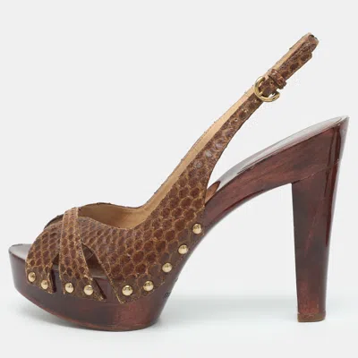 Pre-owned Sergio Rossi Size 37.5 Brown Python Embossed Leather Platform Slingback Sandals