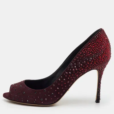 Pre-owned Sergio Rossi Size 37.5 Burgundy Crystal Embellished Suede Peep Toe Pumps