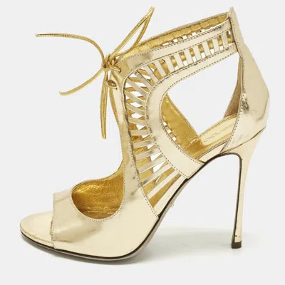 Pre-owned Sergio Rossi Size 37.5 Gold Leather Ankle Strap Sandals