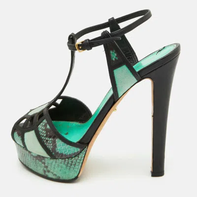 Pre-owned Sergio Rossi Size 37.5 Green/black Leather And Snakeskin Embossed Leather Platform Sandals