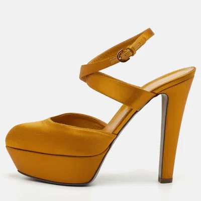 Pre-owned Sergio Rossi Size 37.5 Mustard Yellow Satin Ankle Strap Platform Sandals