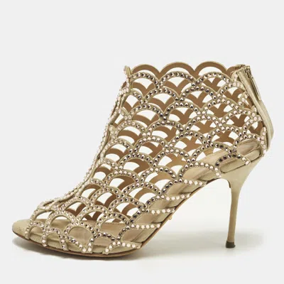 Pre-owned Sergio Rossi Size 38 Beige Suede Crystal Embellishe Ankle Length Boots In Sand