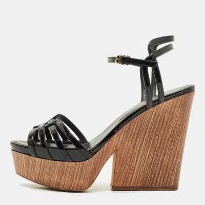 Pre-owned Sergio Rossi Size 38 Black Patent Leather Wedge Sandals