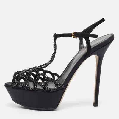 Pre-owned Sergio Rossi Size 38 Black Satin Ankle Strap Sandals