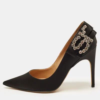 Pre-owned Sergio Rossi Size 38 Black Satin Crystal Logo Bow Pointed Toe Pumps