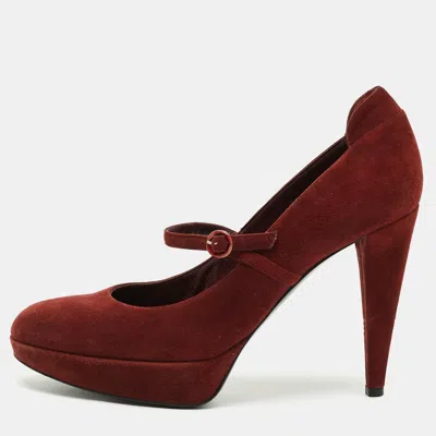 Pre-owned Sergio Rossi Size 38 Burgundy Suede Mary Jane Platform Pumps