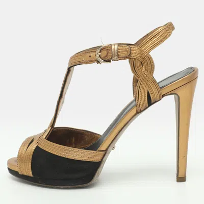 Pre-owned Sergio Rossi Size 38 Gold/black Suede And Leather Ankle Strap Sandals