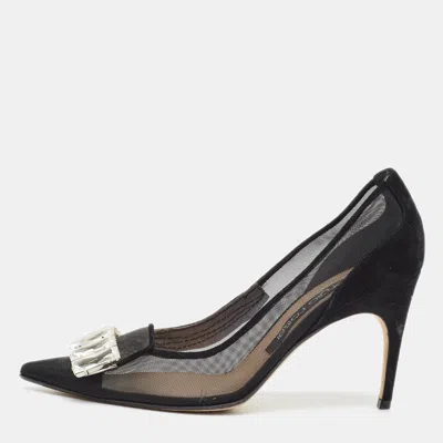 Pre-owned Sergio Rossi Size 38.5 Black Mesh And Suede Crystal Pointed Toe Pumps