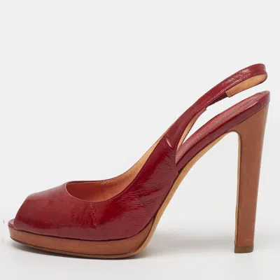 Pre-owned Sergio Rossi Size 38.5 Red Eel Leather Peep Toe Slingback Pumps