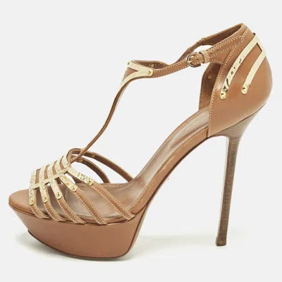 Pre-owned Sergio Rossi Size 39 Brown/gold Metal And Leather Platform Ankle Strap Sandals