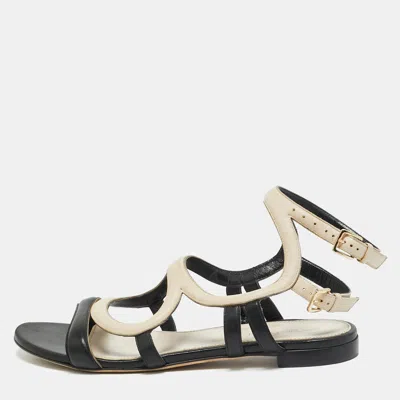 Pre-owned Sergio Rossi Size 39 Off White/black Leather Ankle Strap Flat Sandals