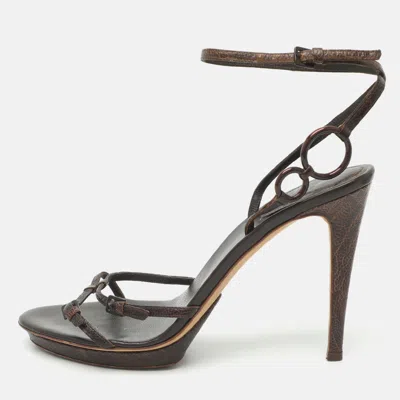 Pre-owned Sergio Rossi Size 40 Brown Textured Leather Ankle Strap Sandals
