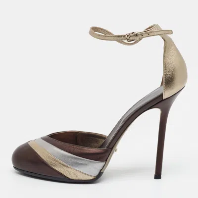 Pre-owned Sergio Rossi Size 40 Tricolor Leather Platform Ankle Strap Pumps In Gold