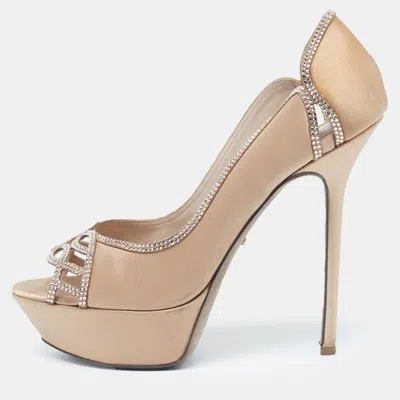 Pre-owned Sergio Rossi Size 40.5 Beige Satin Crystal Embellished Platform Pumps In Sand