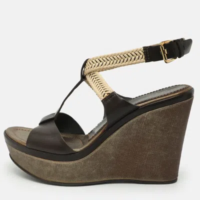 Pre-owned Sergio Rossi Size 41 Brown Leather And Rope Wedge Sandals