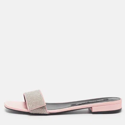Pre-owned Sergio Rossi Size 42 Pink Satin Crystal Embellished Flat Slides