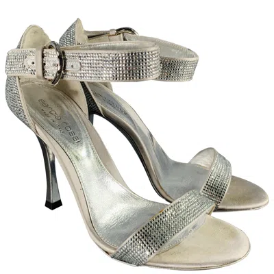 Pre-owned Sergio Rossi Size 5.5 Silver Grey Silk Ankle Strap Sandals In Gray