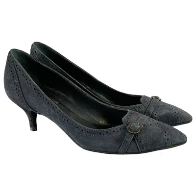 Pre-owned Sergio Rossi Size 6.5 Navy Suede Perforated Kitten Heel Pumps In Blue