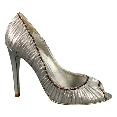 Pre-owned Sergio Rossi Size 7 Black Lame Metallic Peep Toe Pumps