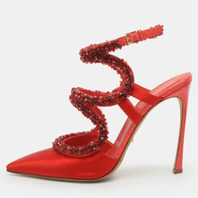Pre-owned Sergio Rossi Size Embellished 40 Red Python Leather And Satin Ankle Strap Sandals