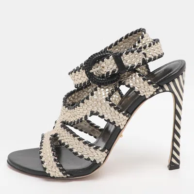 Pre-owned Sergio Rossi Size Gold/black Woven Leather Ankle Strap Sandals