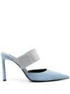 Sergio Rossi Stiletto Heel Denim Mules With Rhinestone Strap In Blue