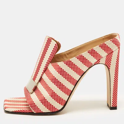 Pre-owned Sergio Rossi Sr1 Portofino Size 38 Red/cream Jacquard Block Heel Mules