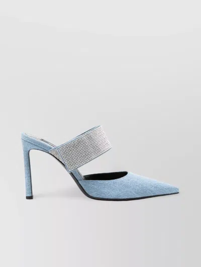 SERGIO ROSSI STILETTO HEEL DENIM MULES WITH RHINESTONE STRAP