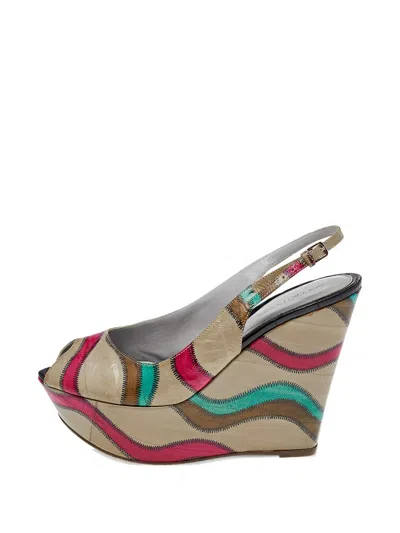 Pre-owned Sergio Rossi Stitch Platform Wedge Sandals In Neutral