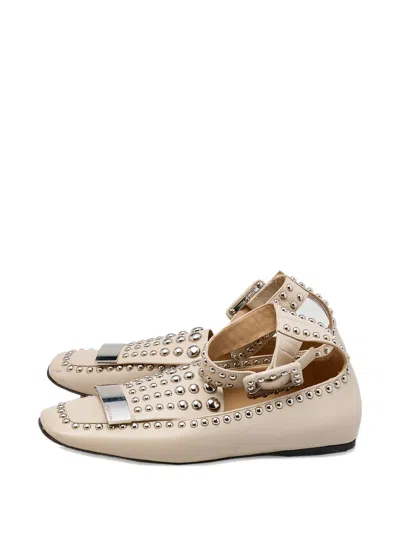 Pre-owned Sergio Rossi Studded Ankle-cuff Ballet Flats In Neutral