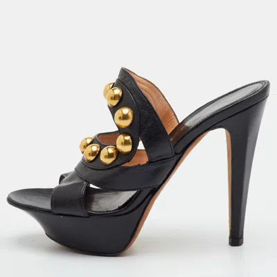 Pre-owned Sergio Rossi Studded Size 35 Black Leather Platform Slide Sandals