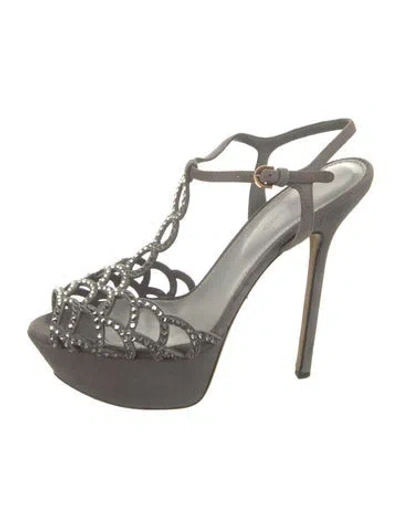 Pre-owned Sergio Rossi Suede Crystal Embellishments T-strap Pumps In Grey