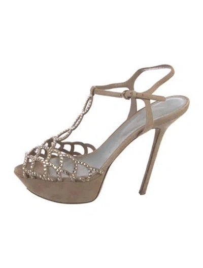 Pre-owned Sergio Rossi Suede Crystal Embellishments T-strap Sandals In Neutral