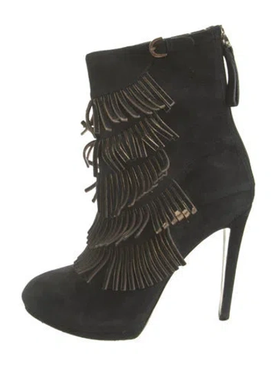 Pre-owned Sergio Rossi Suede Fringe Trim Accent Boots In Green