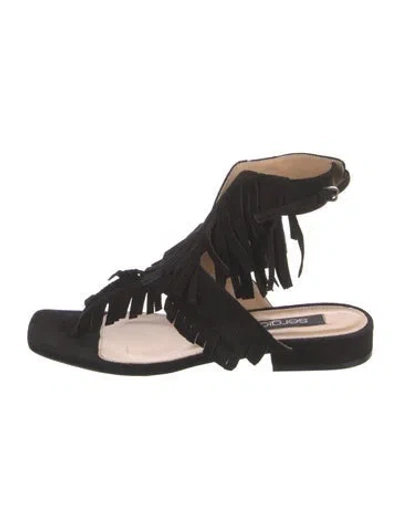 Pre-owned Sergio Rossi Suede Fringe Trim Accent Gladiator Sandals In Black