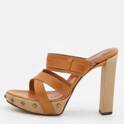 Pre-owned Sergio Rossi Tan Leather Strappy Studded Platform Sandals Size 40 In Brown