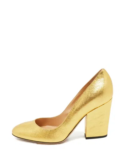 Pre-owned Sergio Rossi Textured Leather Round-toe Pumps In Gold