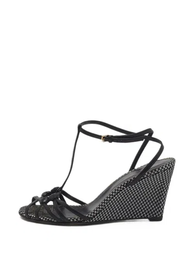 Pre-owned Sergio Rossi T-strap Wedge Sandals In Black